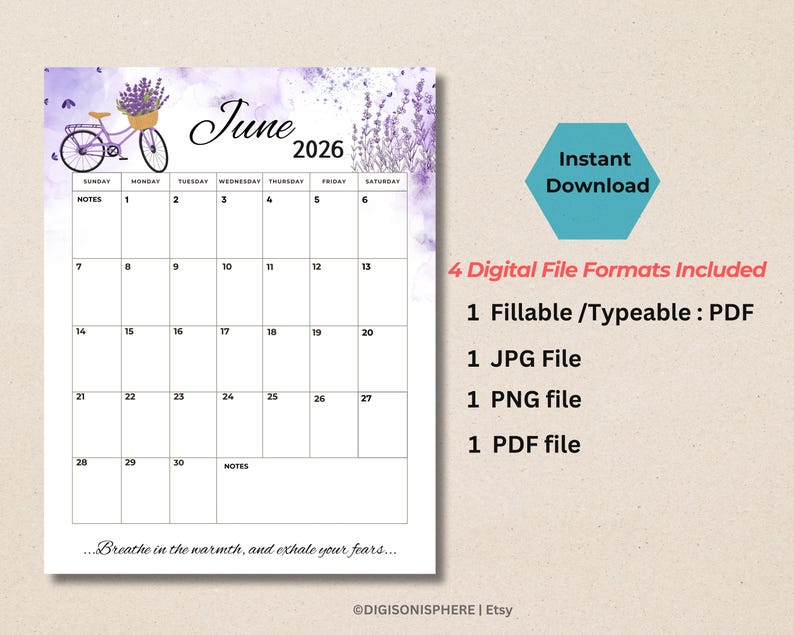 Editable June 2026 Calendar – Printable Monthly Planner (fillable PDF ...