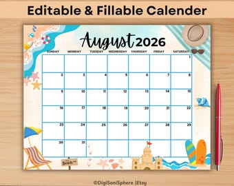 August Editable 2026 Calendar | Printable & Fillable Monthly Planner for Kids, Work ,Home ,School | Beach Theme Calendar | Summer Planner