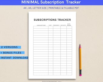Subscription Tracker Printable | Recurring Payments Tracker | A4 A5 Letter | Fillable Planner | Monthly Subscription Log | Instant Download