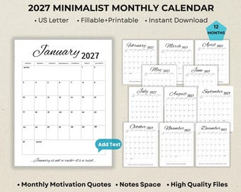 2027 Minimalist Calendar Printable | 12 Month Fillable PDF Planner with Quotes | Simple Digital Calendar | US Letter, Portrait Format |
