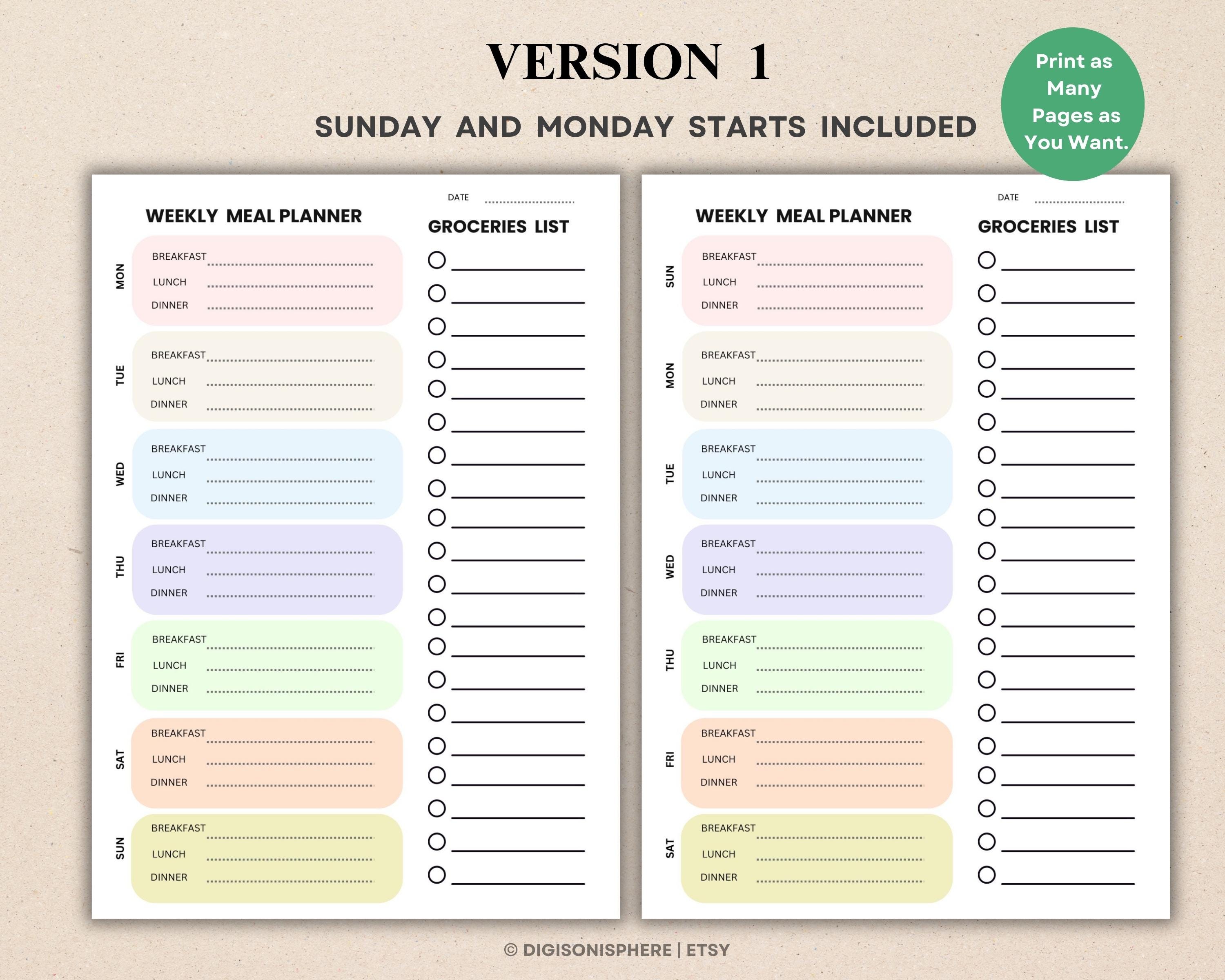 Weekly Meal Planner With Grocery List Printable Template, 7 Day Menu ...