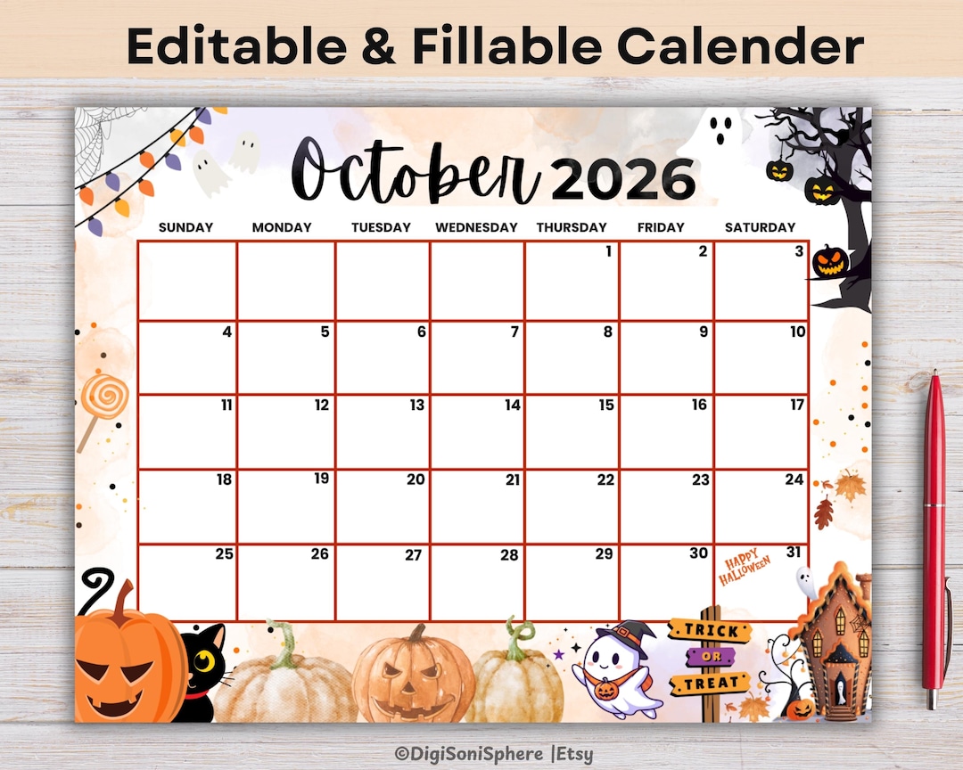 October 2026 Halloween Calendar | Editable, Fillable Planner for Kids