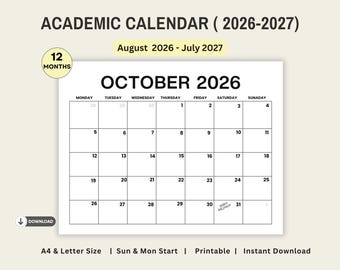2026–2027 Academic Calendar | August 2026–July 2027 | Sunday & Monday Start | School Year Planner | Minimalist Printable PDF PNG