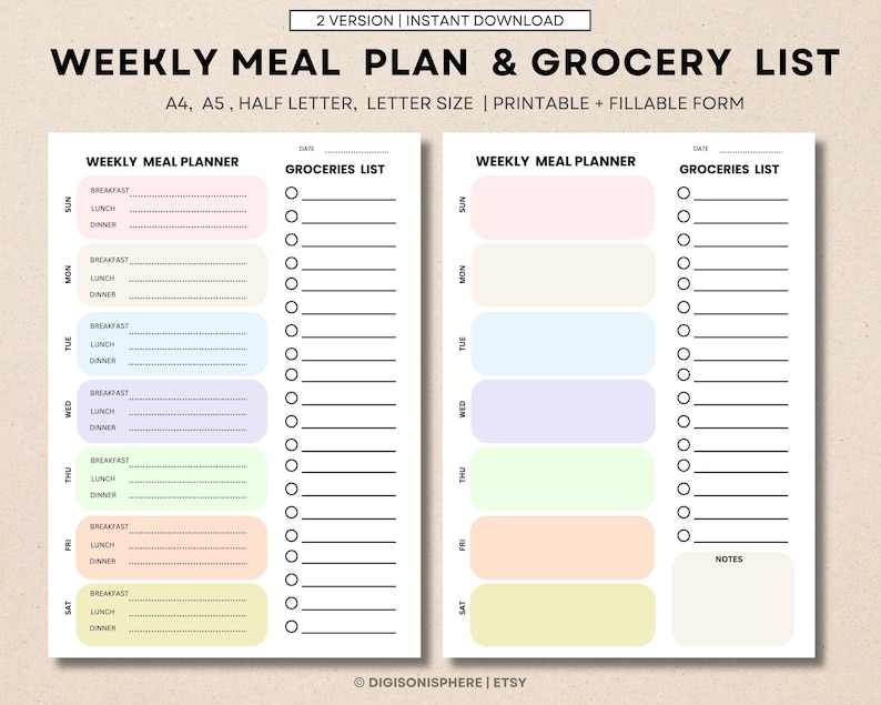 Weekly Meal Planner With Grocery List Printable Template, 7 Day Menu ...