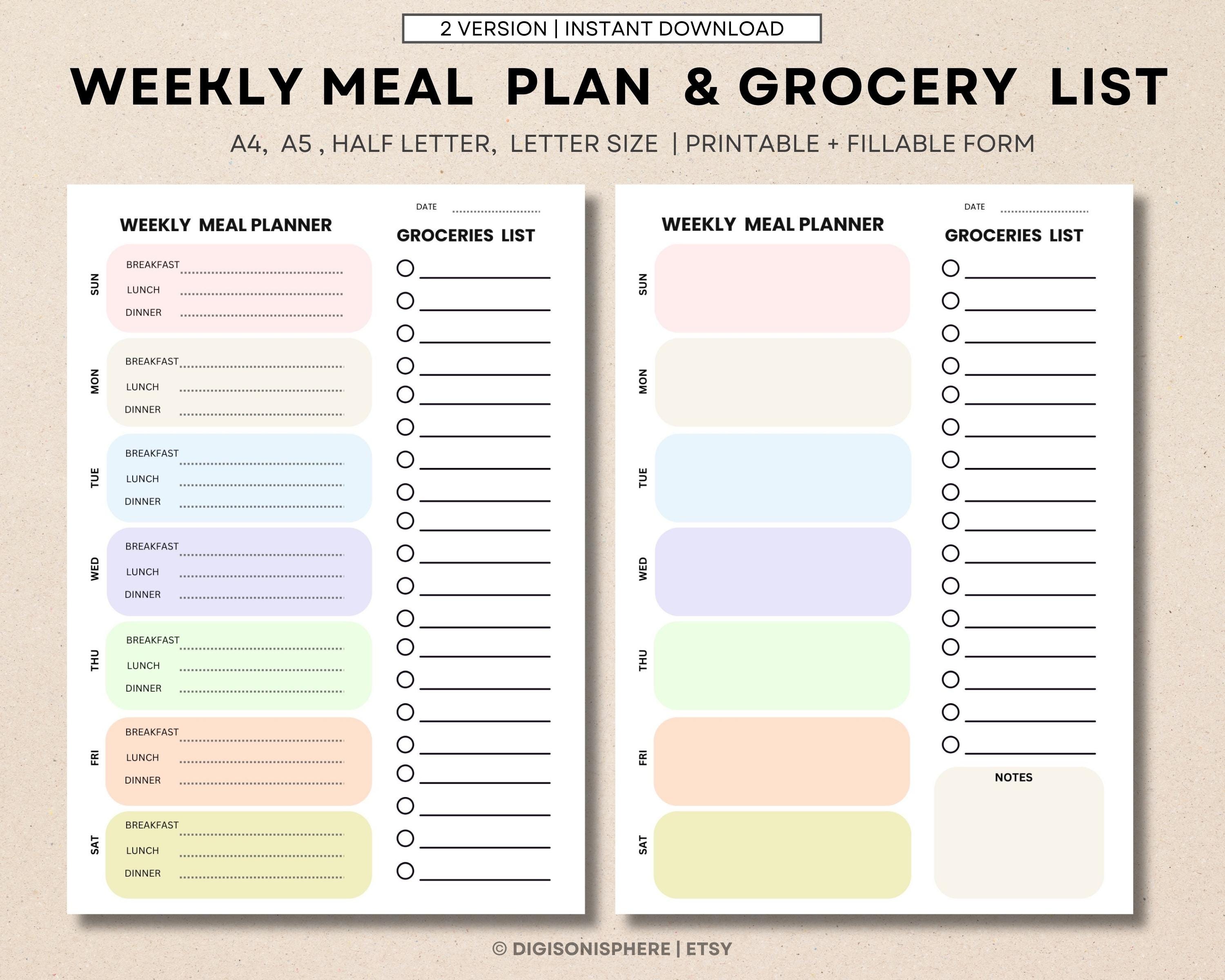 Weekly Meal Planner Printable | Fillable PDF With Grocery List | 7-day ...