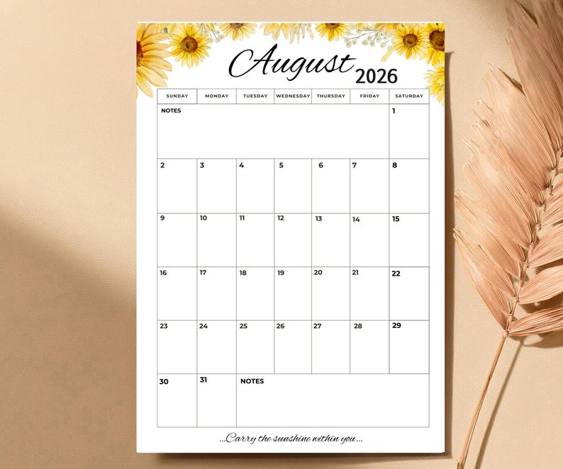 Editable August 2026 Portrait Calendar | Printable & Fillable Planner ...