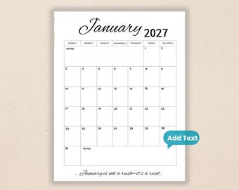January 2027  Fillable Calendar | Simple Script Planner | Printable & Editable Planner With Quotes| Instant Download (PDF, PNG,JPG)