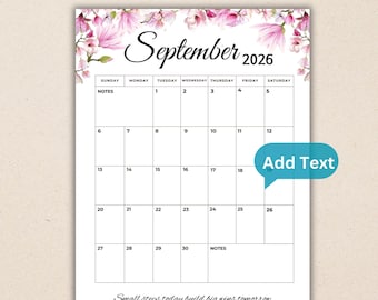 Editable September  2026 Calendar | Printable & Fillable PDF | portrait Planner with Quote, Simple Script Calendar | Instant Download |