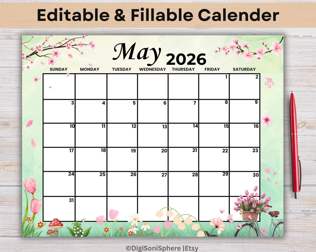 Calendario de mayo de 2026 imprimible y editable (PDF, PNG, JPG) - Etsy ...