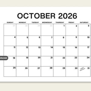 May include: A printable calendar page for October 2026 with a black and white grid layout. The header displays the month and year in bold black text. The date 31 includes the text Happy Halloween. A PDF icon and a download button are visible.