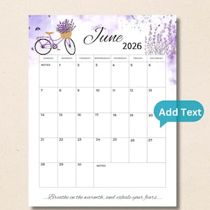 Calendario de junio de 2026 editable: planificador mensual imprimible (PDF rellenable), planificador simple con citas.