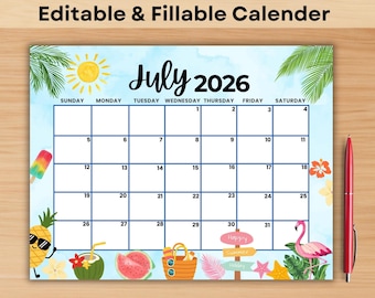Printable July 2026 Calendar| Editable & Fillable Summer time  Planner for Kids ,Home, Work ,Office | US Letter | Digital Download