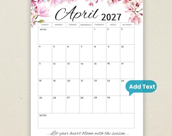 April  2027 Editable Calendar | Simple Script Planner | Printable & Fillable New year Calendar With Quotes| Instant Download (PDF, PNG,JPG)