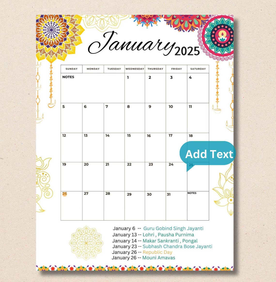 Fillable/editable January 2025 Calendar Indian Festival Calendar