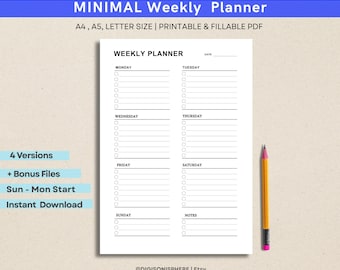 Minimal Weekly Planner Printable PDF | Weekly Schedule | A4 A5 Letter Size | Fillable Planner | Sunday Monday Start | Instant Download