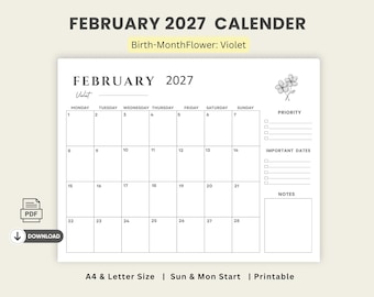 February 2027 Birth Flower Calendar Printable | Minimalist Monthly Planner  | A4 Letter | Sunday Monday Start | Digital Download