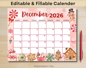 December 2026 Christmas Calendar | Editable & Fillable Monthly Planner PDF for Kids, Students, Teachers , Home | Digital Download |