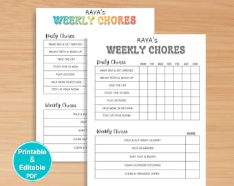 Editable Weekly Chore chart for Kids | Printable Kids Chore chart | Simple Daily Chore | A4,US letter | Instant Download |