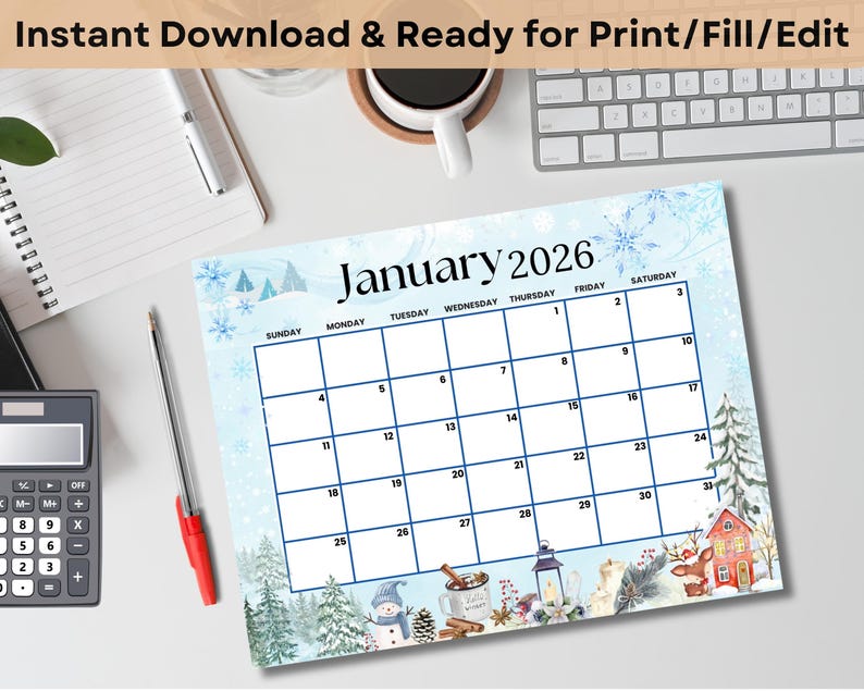 Editable January 2026 Calendar | Monthly Planner for Kids, School, Work ...