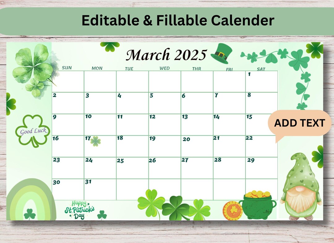 Editable March 2025 Calendar | Fillable & Printable | Happy St. Patrick ...