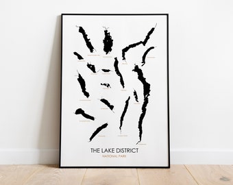 Lake District Print: Cumbria Lakes Outlines, Hiking Gift