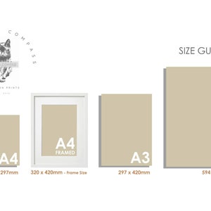 May include: Size guide for framed prints, showing the dimensions of A4, A3, and A2 sizes in inches. The A4 size is 12.6 x 16.5 inches, the A3 size is 11.7 x 16.5 inches, and the A2 size is 23.4 x 16.5 inches.