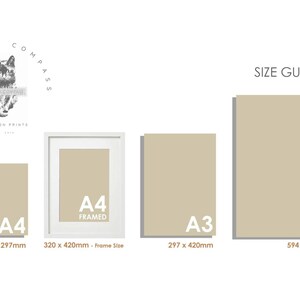 May include: Size guide for framed prints, showing the different sizes available: A4 (8.3 x 11.7 inches), A3 (11.7 x 16.5 inches), and A2 (23.4 x 16.5 inches).