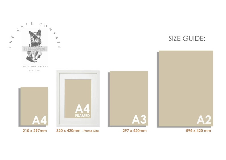 May include: Size guide for framed prints, showing the different sizes available: A4 (8.3 x 11.7 inches), A3 (11.7 x 16.5 inches), and A2 (23.4 x 16.5 inches).