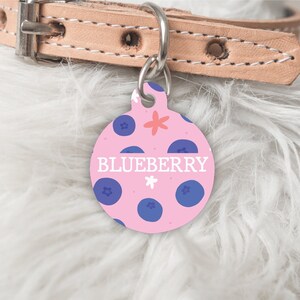Può includere: Etichetta di identificazione rotonda per animali domestici di colore rosa con sfondo bianco e un motivo a mirtilli. L'etichetta dice "BLUEBERRY" in lettere bianche.