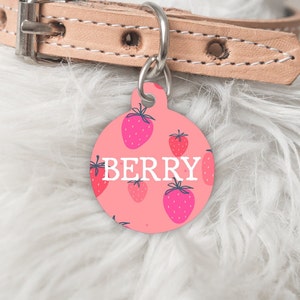 Summer Fruits - Solid Dog Tag Cat Tag Pet ID tags - Personalised name and number printed double sided metal tags - strawberry