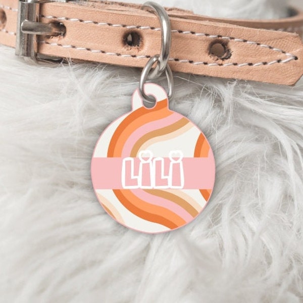 The Lili - Retro rainbow Dog Tag Cat Tag Pet ID tags - Personalised name and number printed double sided metal tags