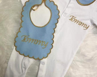Heirloom personalised baby bib scalloped egde with matching sleepsuit perfect baby shower gift, linen, stunning, newborn