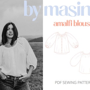 Blouse PDF naaipatroon, blousepatroon met raglanmouwen, DIY verzamelde blouse, naaipatroon van Amalfi blouse, blousepatroon met knoopsluiting