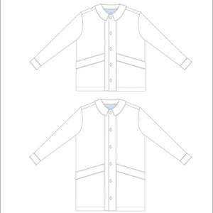 以下が含まれることがあります： 襟とボタン留めのある長袖シャツの線画。シャツは前面にポケットが2つあり、裾が少し広がっている。