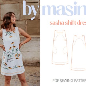 Op de afbeelding: Een digitaal naaipatroon voor een mouwloze shiftjurk genaamd de Sasha Shift Dress van Masin. Het patroon bevat twee weergaven van de jurk, een met een zak en een zonder.