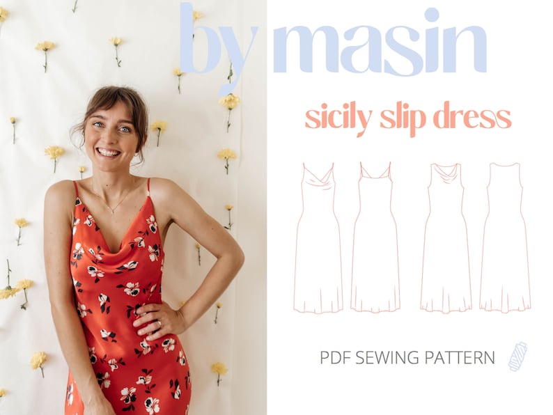 Slip dress pattern, Cowl neck dress sewing pattern, Bias-Cut Dress pattern, Beginner PDF Pattern, Sicily Slip Dress, 90s PDF sewing pattern zdjęcie 1