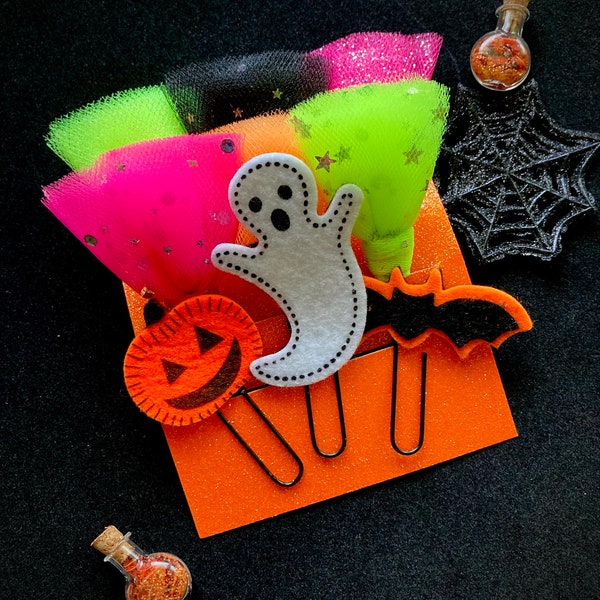 Halloween Neon Lights Tulle Embellished Paperclips:  Planners Journals Bookmarks Page Markers