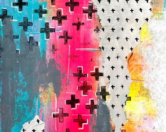 May include: Abstract art painting with a collage of different textures and patterns. The painting features a bright pink background with black plus signs, a blue and turquoise background with black plus signs, and a white background with black plus signs. The painting is torn and layered, creating a unique and textured look.