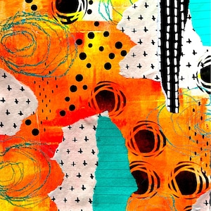 Könnte beinhalten: Abstrakte Kunstcollage mit den Farben Orange, Gelb, Schwarz, Weiß und Blau. Die Collage zeigt Kreise, Punkte und Pluszeichen.