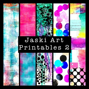 Puede incluir: Un collage digital de 6 impresiones de arte abstracto de colores con un título que dice "Jaski Art Printables 2". Las impresiones presentan una variedad de colores, formas y texturas, incluyendo rosa, azul, verde, negro y blanco.