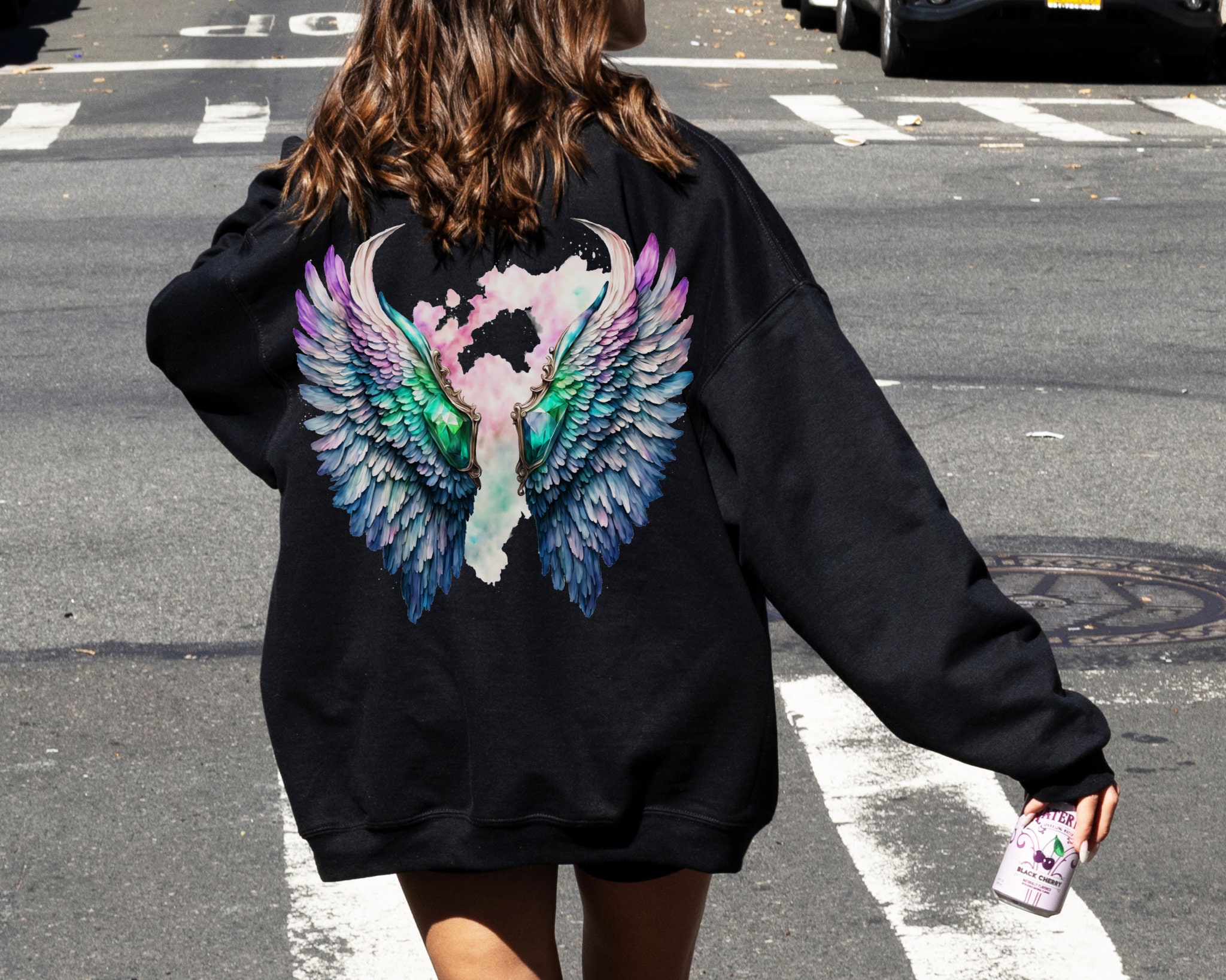 Grey Sweatshirt with Angel Wings Details on the Back