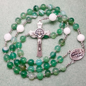 Lace Agate Rosary: White Jade, Lourdes Center, St. Benedict Crucifix