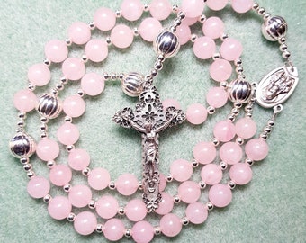 DISCOUNTED 15% ROSE QUARTZ, rosary gemstone, Catholic Rosary, Sacred Heart, Ornate Crucifix, Religious Gift, Communion Rosary