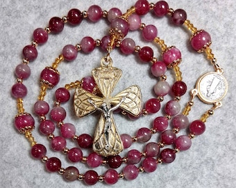 WATERMELON TOURMALINE Gemstone ROSARY: Gold plated two tone Harlequin Crucifix, Catholic Gift, St Benedict