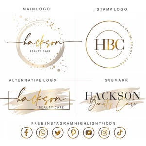 Puede incluir: Un diseño gráfico que presenta cuatro variaciones de logotipo para "Hackson Beauty Care". Los logotipos son en tonos dorados y marrones, con un logotipo principal circular, un logotipo de sello, un logotipo alternativo y una submarca. También se incluyen iconos de redes sociales.