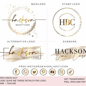 Könnte beinhalten: Eine Sammlung von vier gold-schwarzen Logodesigns für Hackson Beauty Care, bestehend aus Hauptlogo, Stempellogo, Alternativlogo und Submarke, ergänzt durch sieben kreisförmige Social-Media-Icons mit goldenen Umrandungen und schwarzen Symbolen.