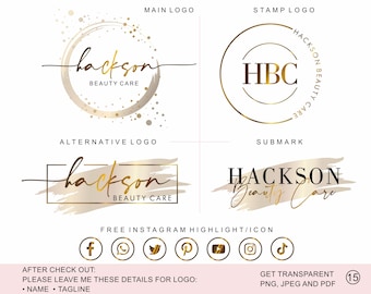 Może przedstawiać: Kolekcja czterech złotych i czarnych projektów logo dla Hackson Beauty Care, obejmująca logo główne, logo pieczątkowe, logo alternatywne oraz submarkę, wraz z siedmioma okrągłymi ikonami mediów społecznościowych ze złotymi obwódkami i czarnymi symbolami.