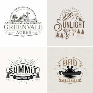 May include: A collection of four circular and badge-style logos. The first shows a barn and windmill with the text Greenvale Acres. The second features mountains and trees with the text Sunlight Mountain View Hotel. The third displays the text Summit Power and Electric LIC# 835613 C-10. The fourth depicts two people in a boat with the text Bad Fishermen.