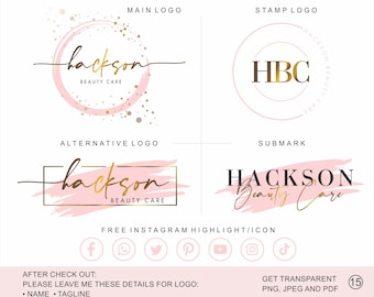 Könnte beinhalten: Ein Logo-Design für ein Kosmetikgeschäft namens "Hackson Beauty Care". Das Logo ist in einem rosa und goldenen Farbschema mit einer handschriftlichen Schrift gehalten. Das Hauptlogo ist ein Kreis mit rosa Hintergrund und goldenen Punkten. Das alternative Logo ist ein rosa und goldener Pinselstrich mit dem Text "Hackson Beauty Care" in einem goldenen Rahmen. Das Stempellogo ist ein Kreis mit rosa Hintergrund und dem Text "HBC" in Gold. Die Untermarke ist ein rosa und goldener Pinselstrich mit dem Text "Hackson Beauty Care" in einer goldenen handschriftlichen Schrift.
