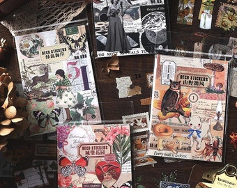 May include: Four rectangular packs of decorative stickers featuring vintage-style collages with illustrations of butterflies, flowers, mushrooms, animals, and people. Each pack is labeled with the text Deco Stickers and includes various numbers and motifs.